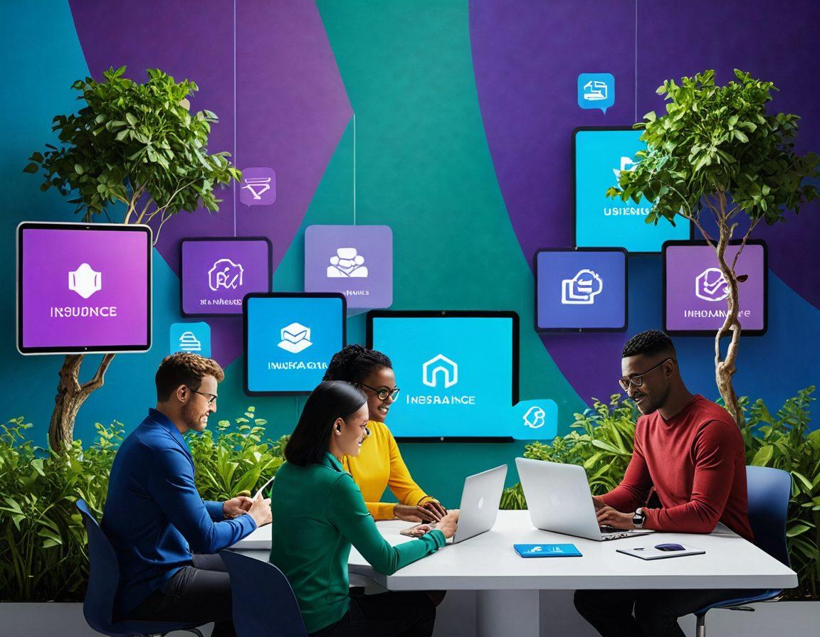 A modern digital landscape featuring diverse individuals exploring online insurance options on various devices like laptops and smartphones. Include visual elements like insurance symbols, currency icons, and a roadmap symbolizing guidance. The background should be a vibrant blend of tech-inspired colors, suggesting affordability and accessibility. Emphasize a sense of community and trust. super-realistic. vibrant colors. 3D.