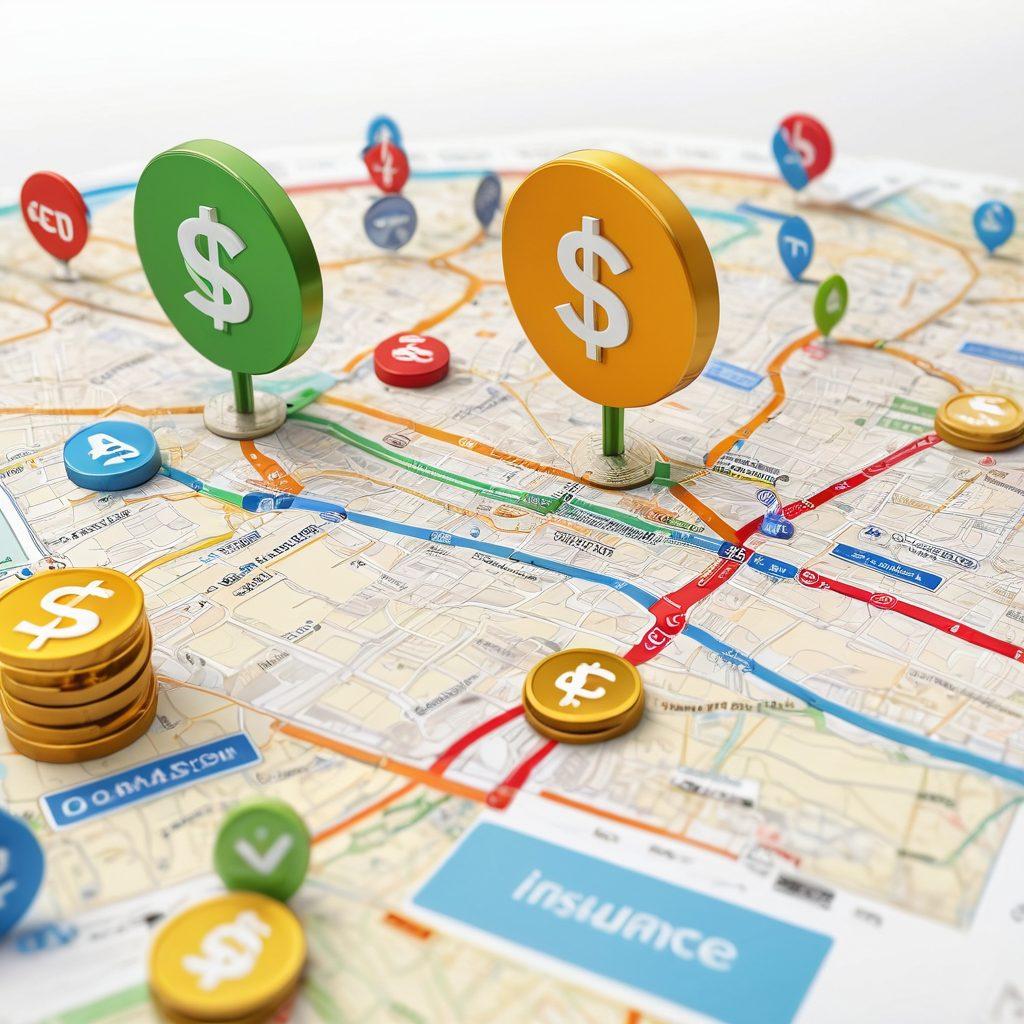 A digital navigation map highlighting various online insurance platforms, showcasing dollar signs and coins to symbolize savings. Incorporate a user-friendly interface with vibrant charts and metrics displaying the best rates and plans. In the background, include a diverse group of people happily discussing their options. Make it engaging and informative with elements of finance and technology intertwined. super-realistic. vibrant colors. white background.
